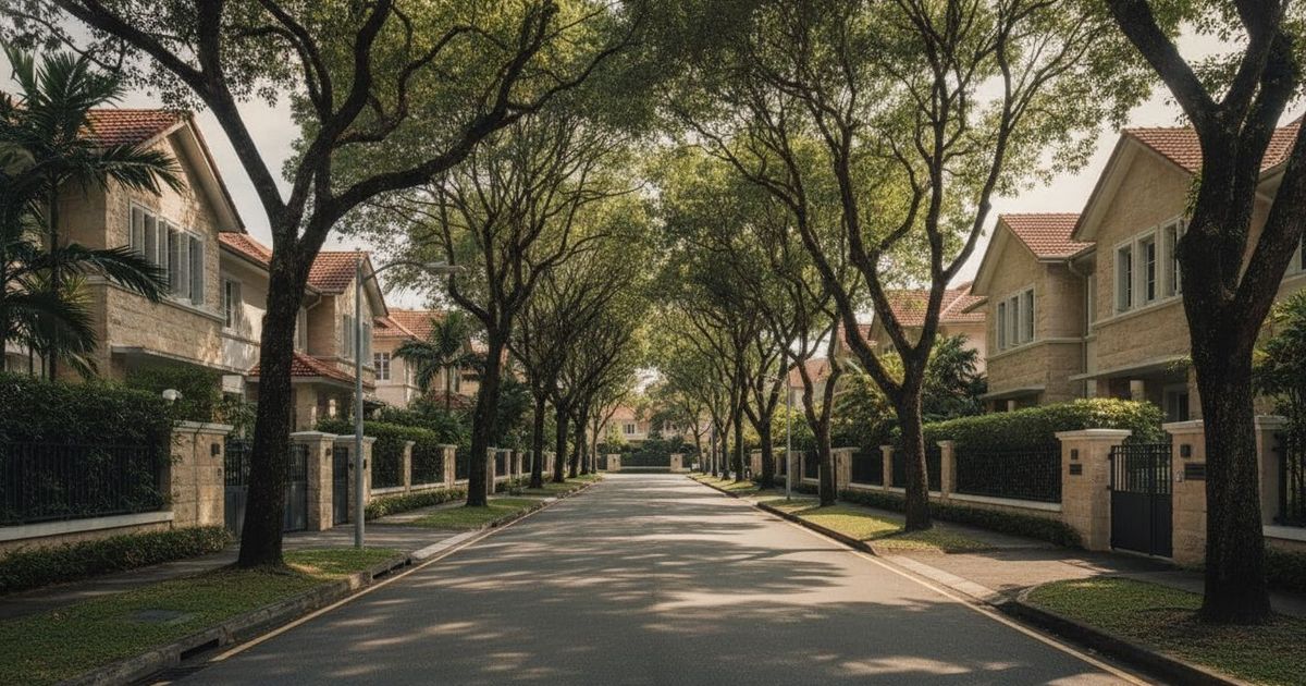 Tree-lined District 19 landed estate street with terrace and semi-detached homes