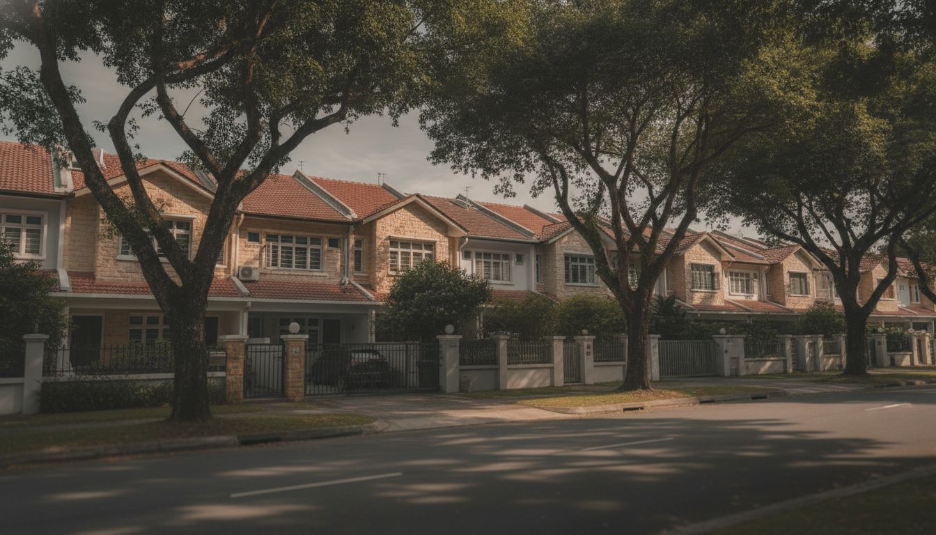Wide editorial photograph of a mature Kovan landed residential street with terrace and semi-detached homes
